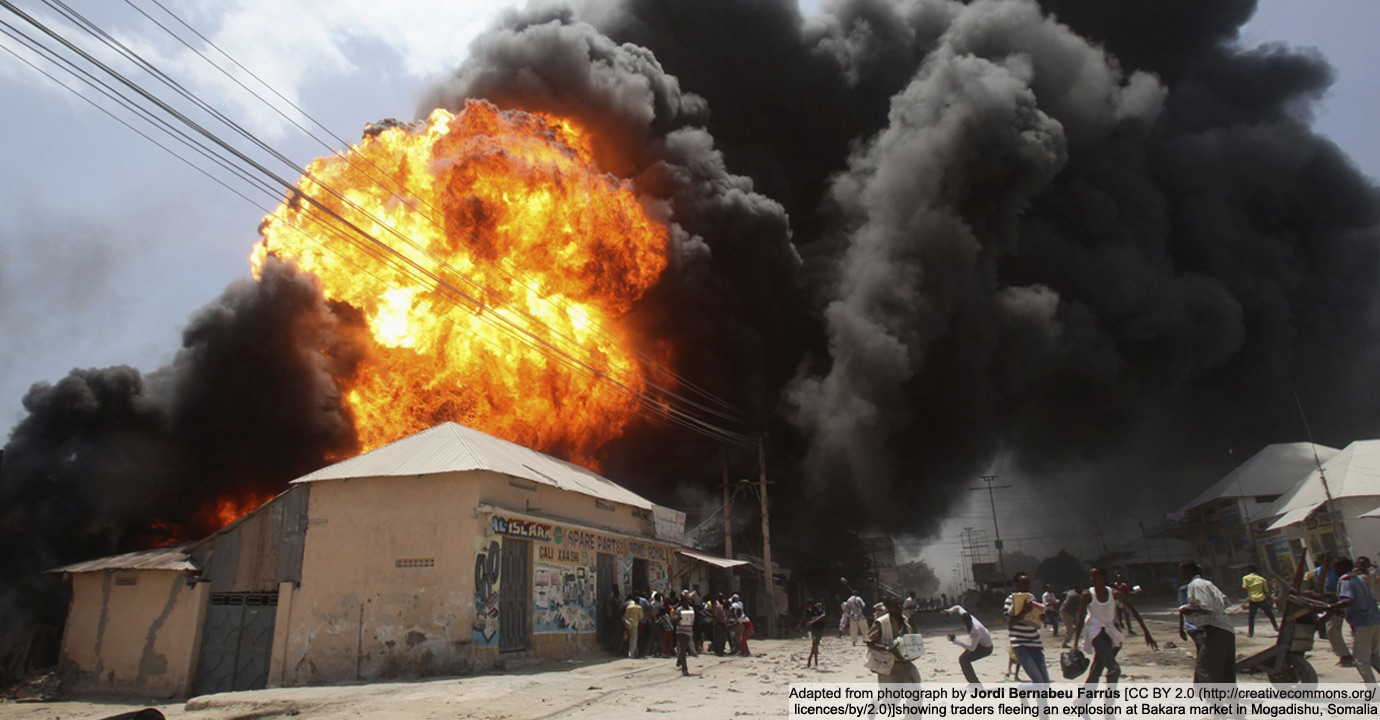 Adapted from photograph by Jordi Bernabeu Farrús [CC BY 2.0 (http://creativecommons.org/licences/by/2.0)] showing traders fleeing an explosion at Bakara market in Mogadishu, Somalia.